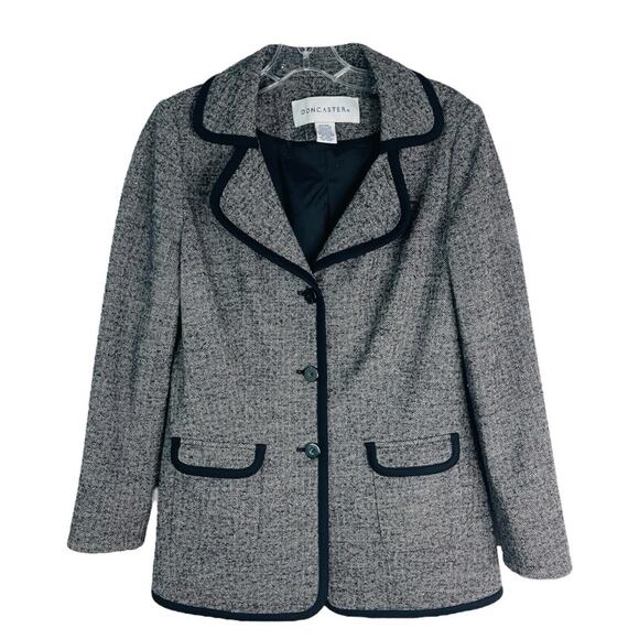 Doncaster black white wool herringbone preppy office academia blazer 8 - Picture 1 of 6